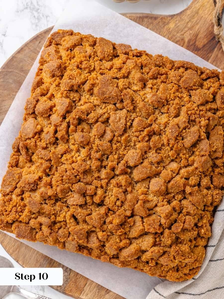 Cooling completely before slicing keeps crumb cake squares tidy instead of crumbling apart under the knife.
