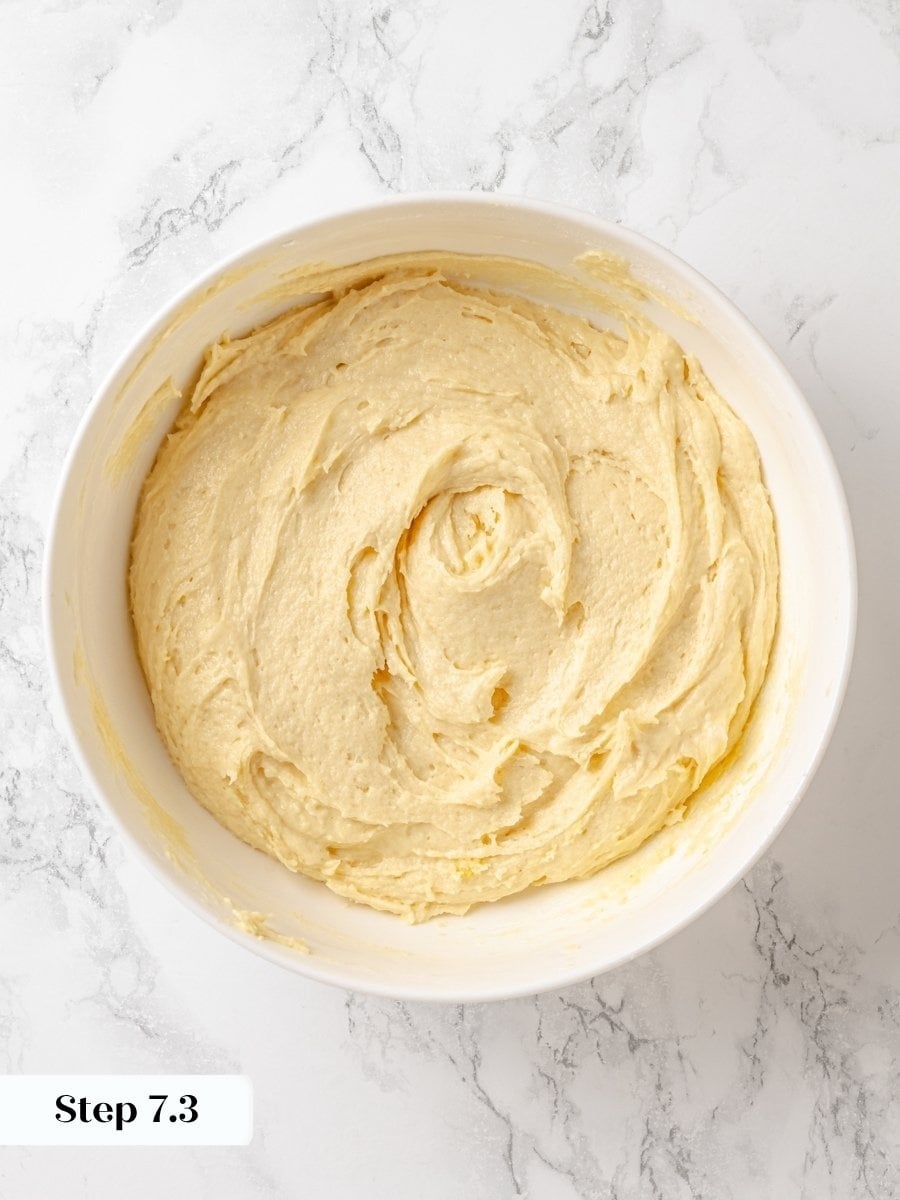 Stopping the mixing here leaves the crumb cake batter thick enough to support the topping above.