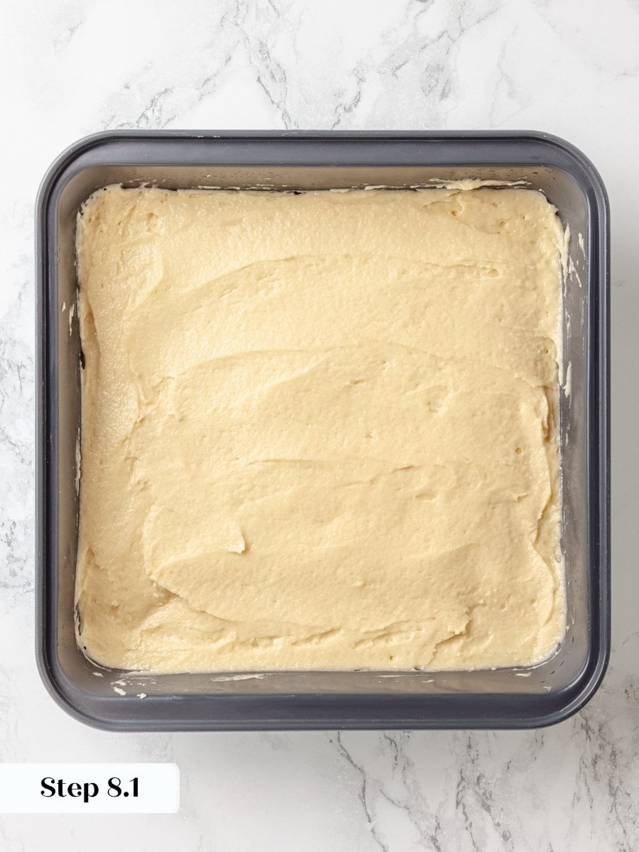An even layer matters here because the crumb cake topping will not settle into low spots.