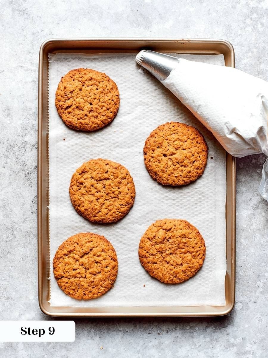 Pulled while centers stay soft, the cookies firm into a chewy oatmeal cream pie base.