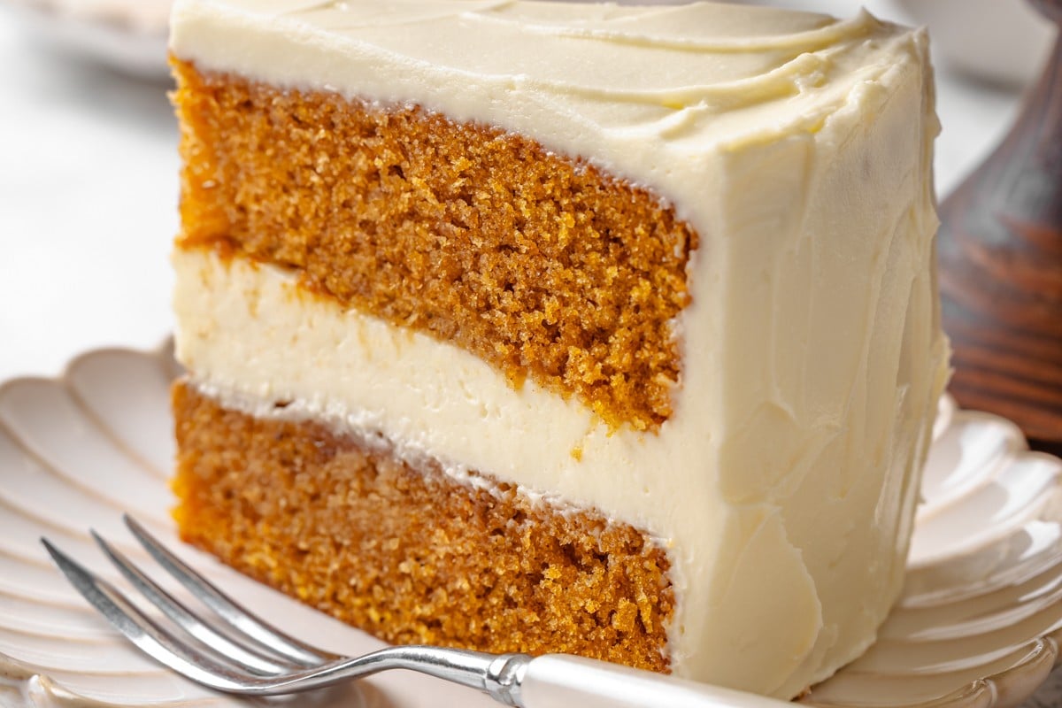 The crumb detail here confirms the moist, even texture this pumpkin cake is loved for.