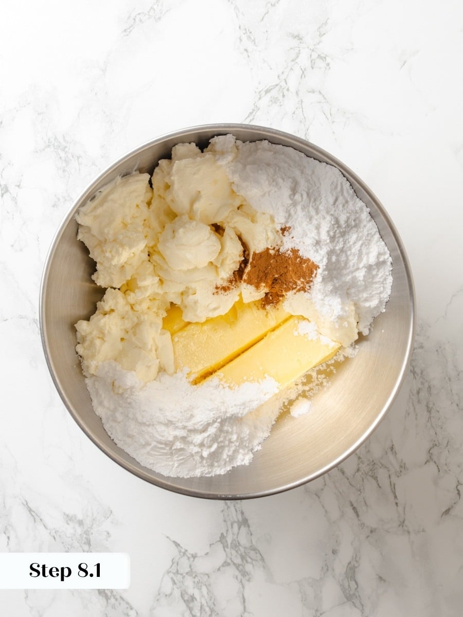 Room-temperature cream cheese and butter are essential for the smooth, tangy frosting this pumpkin cake needs.