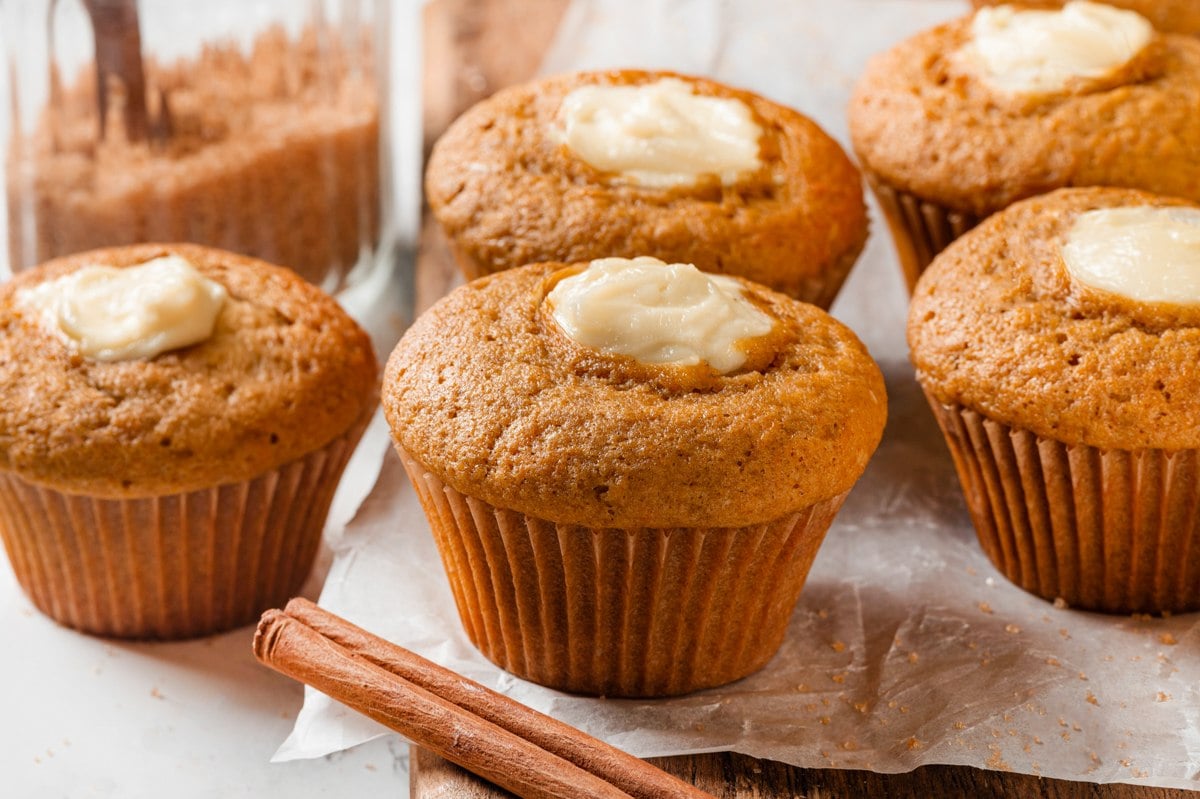 Matte, set centres across the row confirm pumpkin cream cheese muffins baked evenly through.