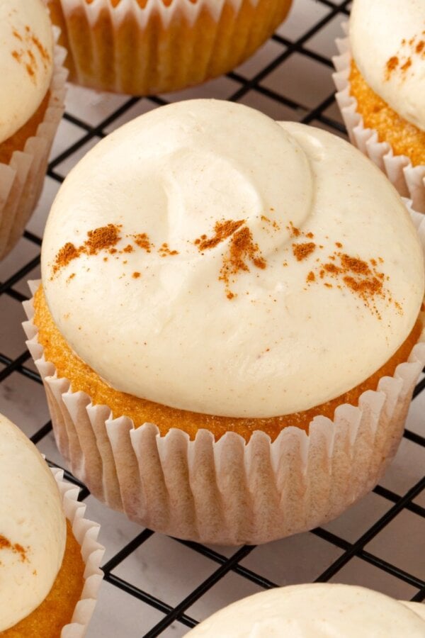 The square crop built for recipe cards featuring pumpkin cupcakes with cream cheese frosting.