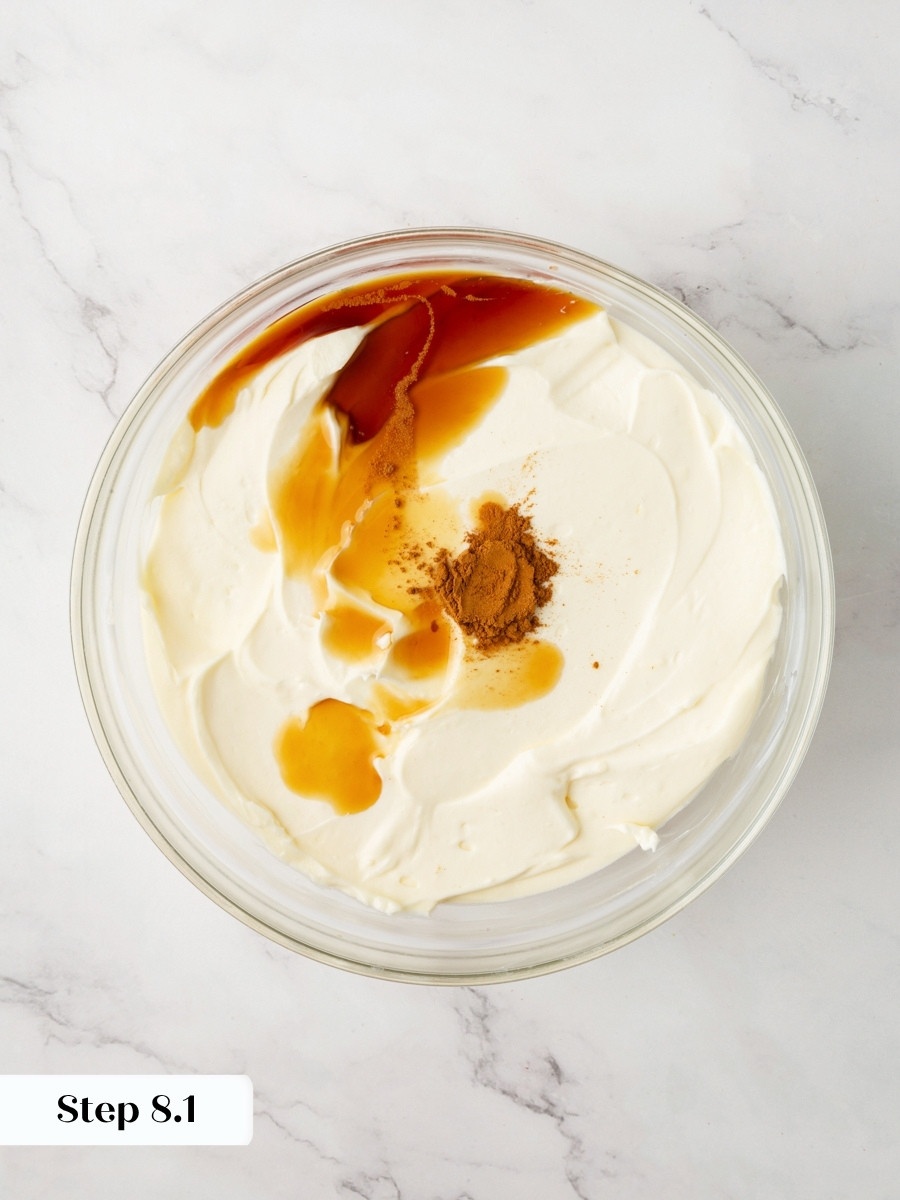 Stirring maple and cinnamon in last defines pumpkin cupcakes with cream cheese frosting.