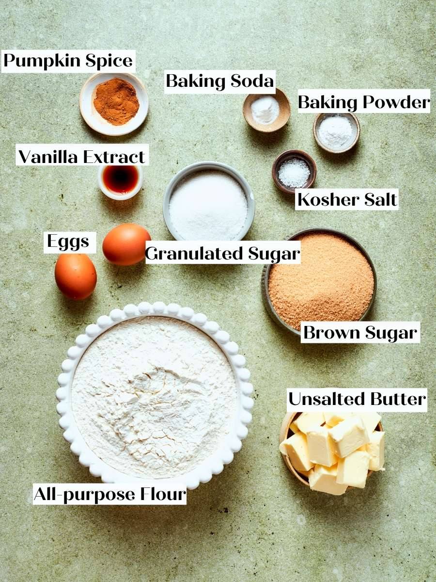 Every measured dough ingredient sits ready, showing how simple these pumpkin pie cookies are to assemble.