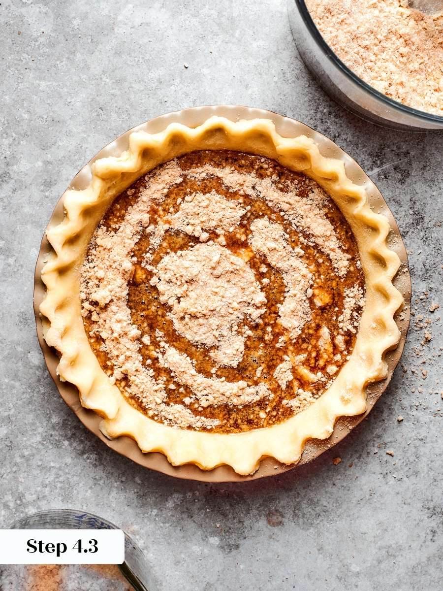 The middle pass is where shoofly pie develops the soft, saucy stratum between crust and topping.