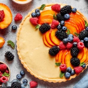 Squared for the recipe card, this fruit tart still holds its full fruit arc.