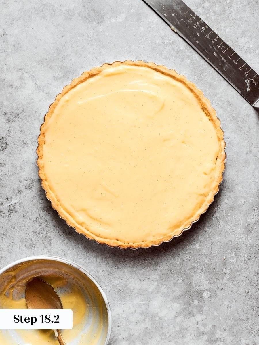 An even layer supports the fruit that follows without any dip across the fruit tart.