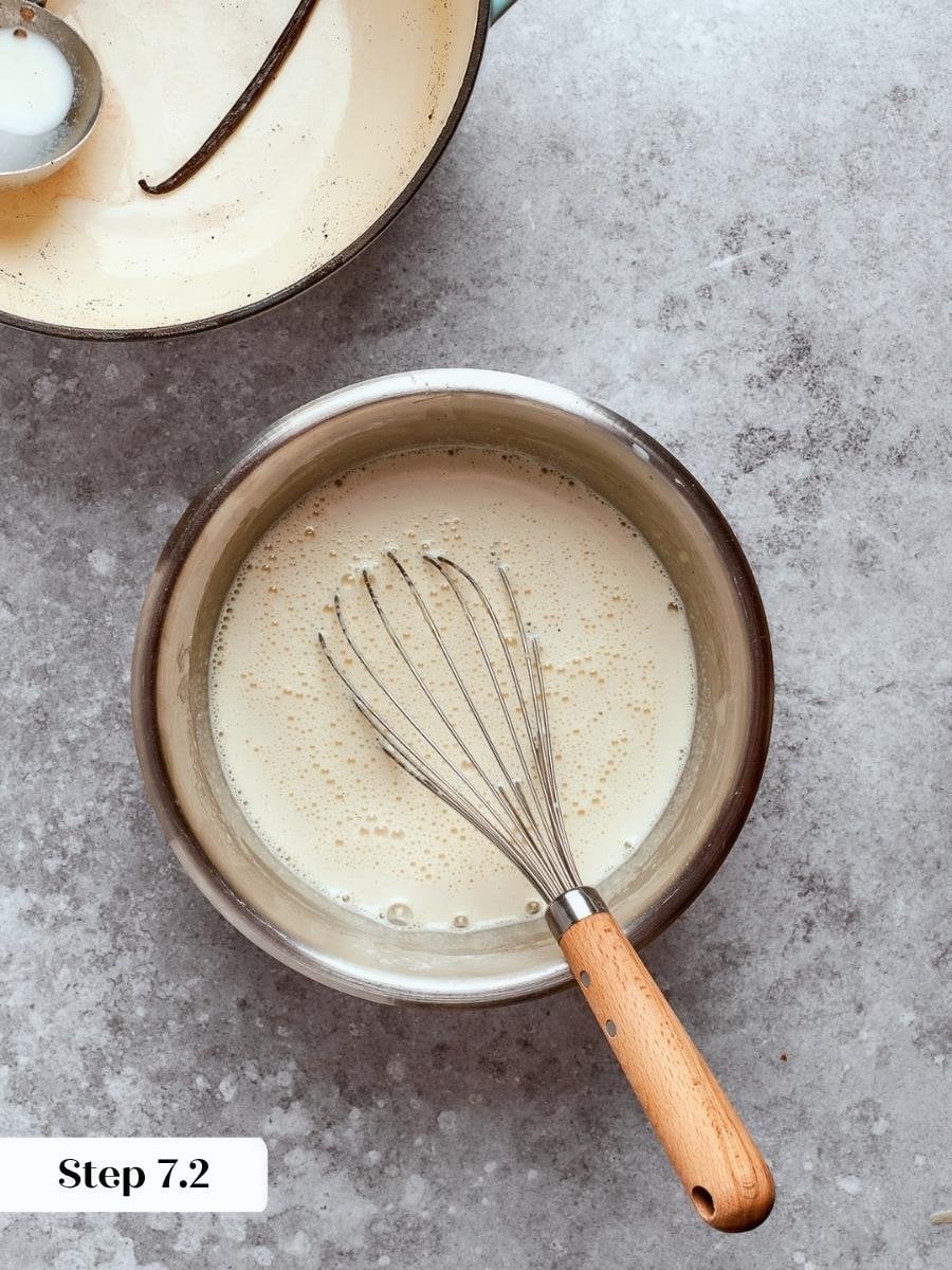 Pouring the milk in slowly keeps the eggs from scrambling in the fruit tart filling.