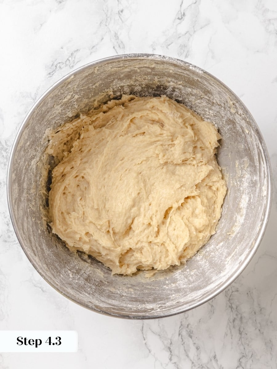 Everything is combined but no gluten has developed yet in this Krispy Kreme donut recipe dough.
