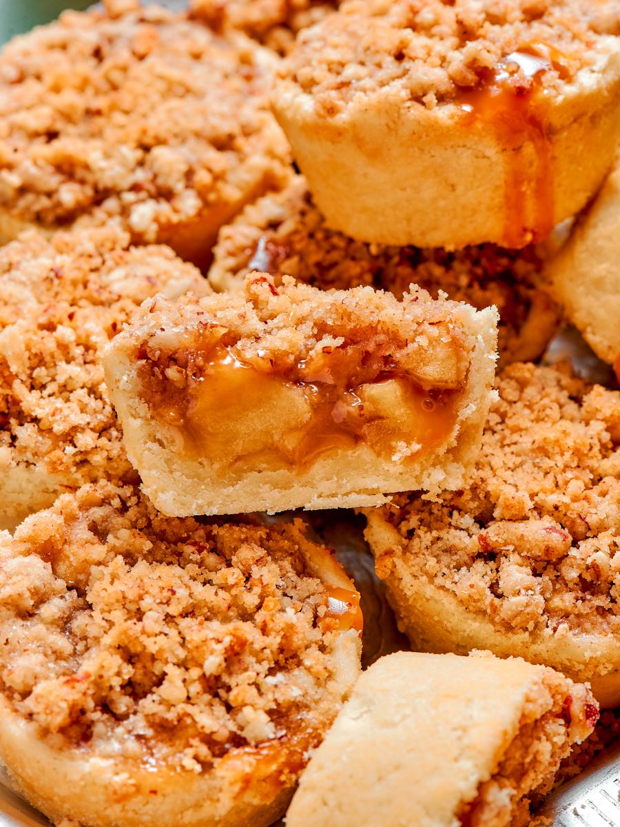 Stored at room temperature, mini apple pies keep their crunch for about a week.