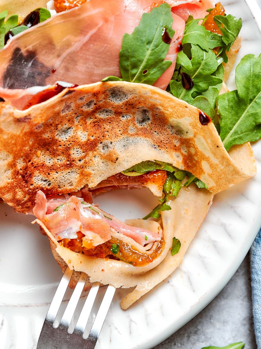 Buckwheat holds heavier fillings without tearing, which is what makes savory crepes sturdier than plain ones.