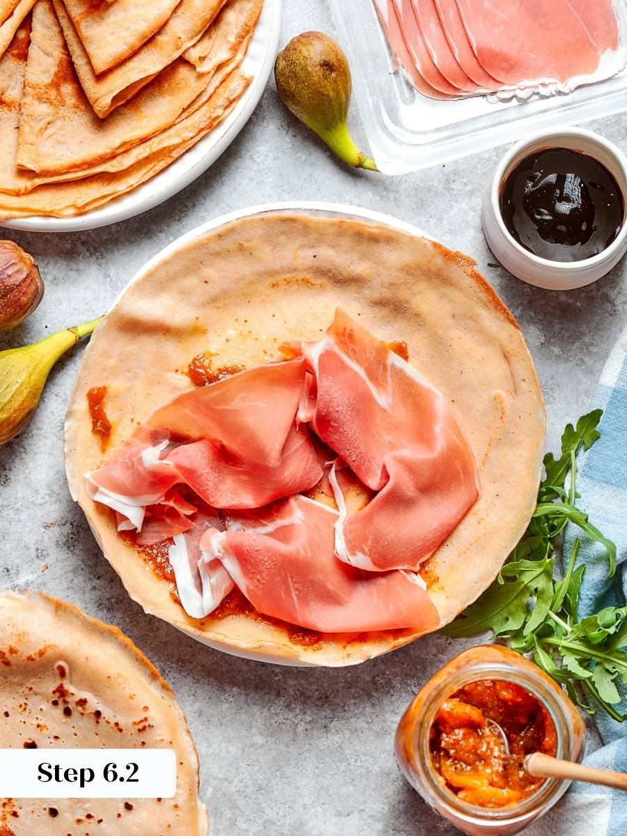 Two or three slices per crepe is plenty, since prosciutto salts savory crepes quickly.