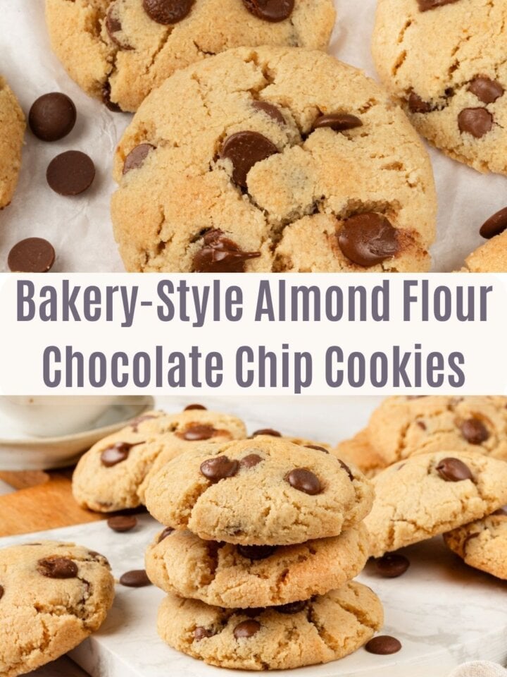 Stack of almond flour chocolate chip cookies above an overhead cluster of more cookies on marble