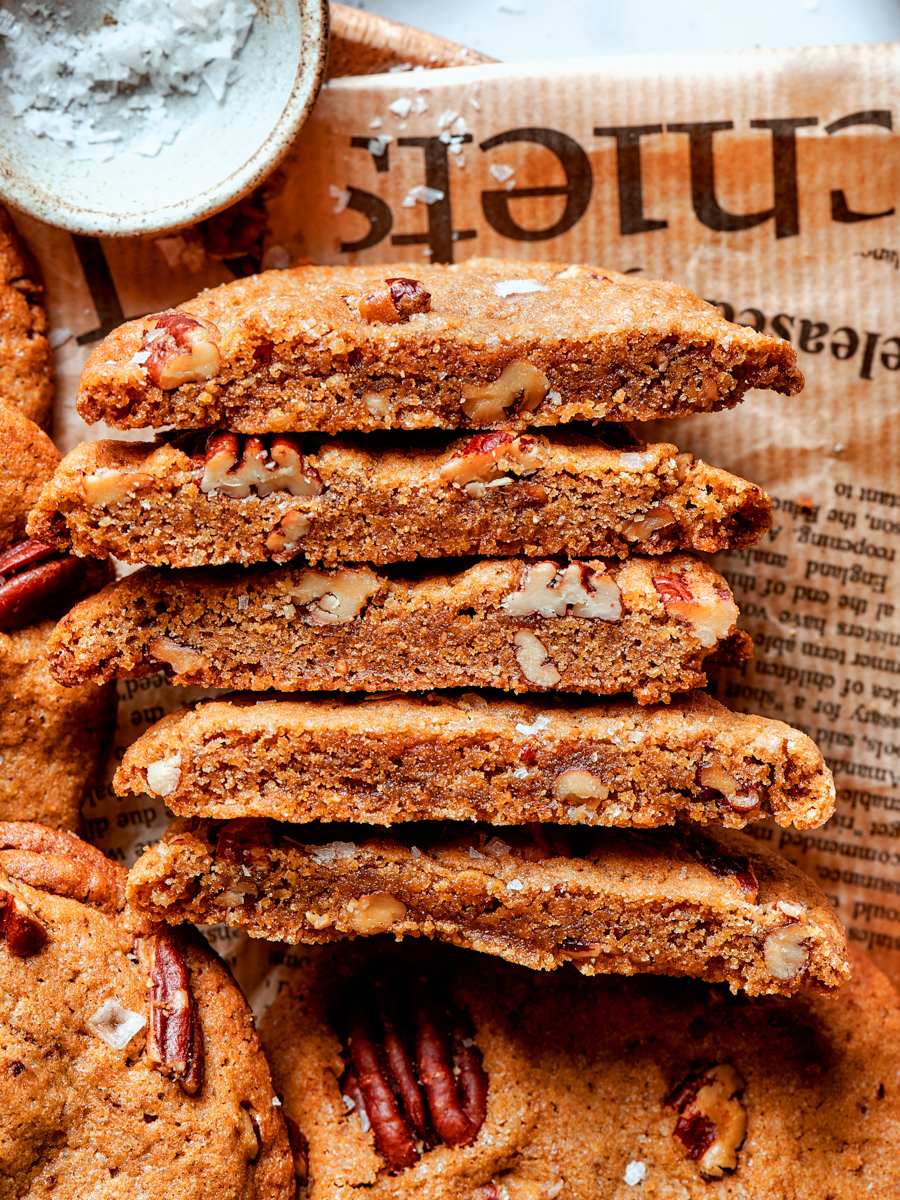 Share butter pecan cookies sliced in half so everyone can see the pecan-flecked, chewy centers.
