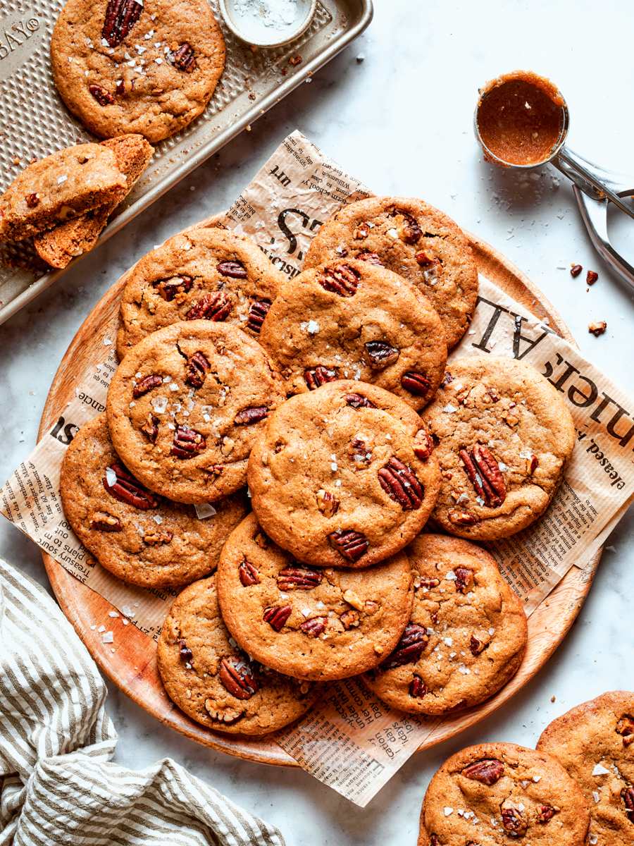 Fresh from the oven, butter pecan cookies make a generous platter for holiday gatherings.