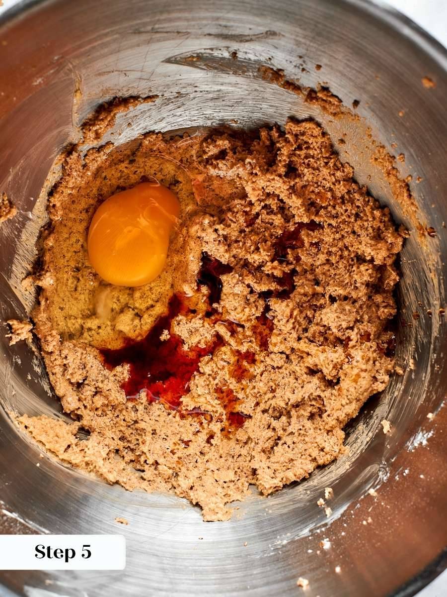 Beating in the egg and vanilla makes the butter pecan cookies base smooth and glossy.