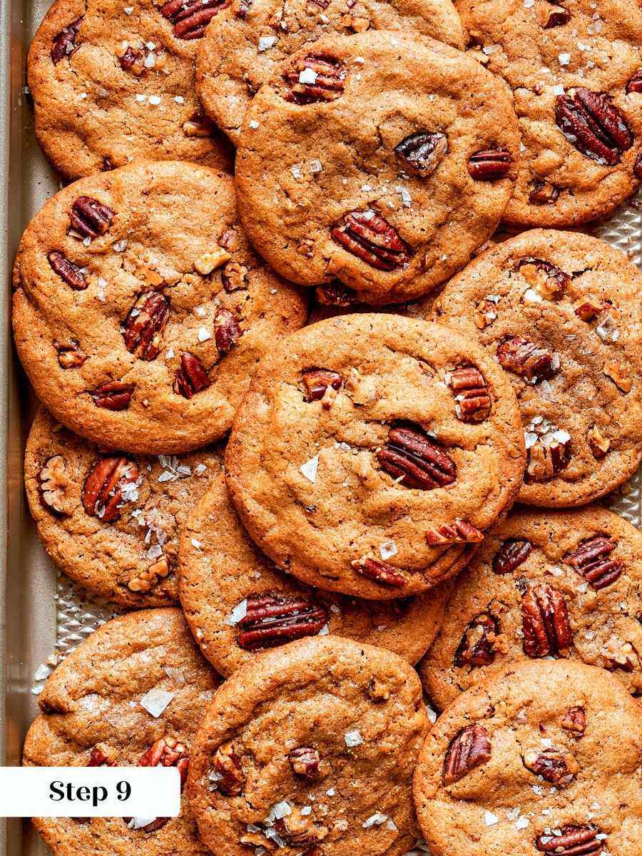 Pull butter pecan cookies from the oven once the edges turn golden and tops look matte.