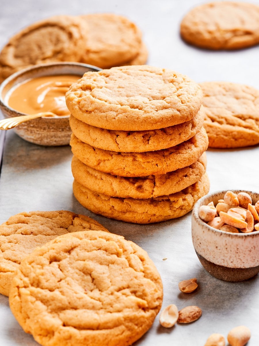 Stacked five high, these chewy peanut butter cookies hold thick soft centers that never flatten.