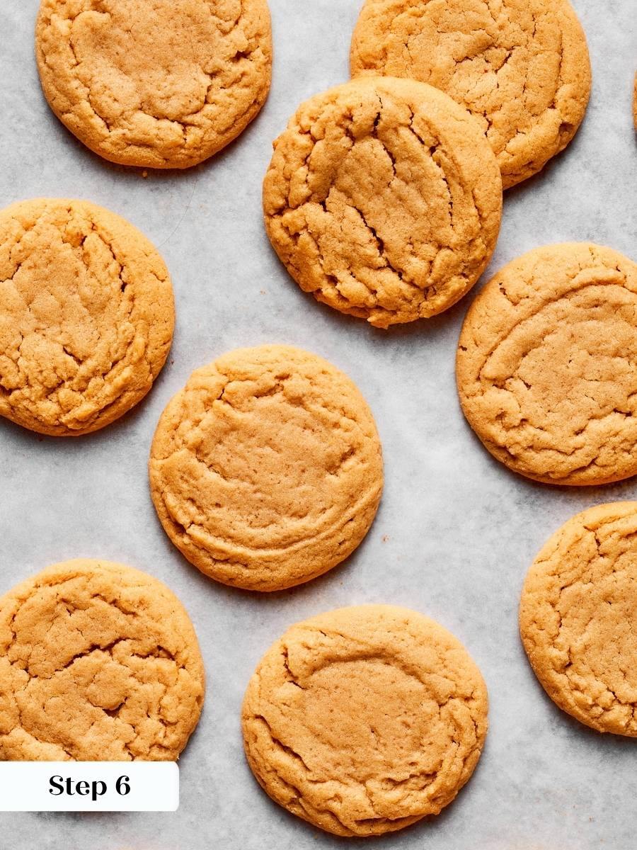 That shift from shiny to matte is the cue chewy peanut butter cookies are done.