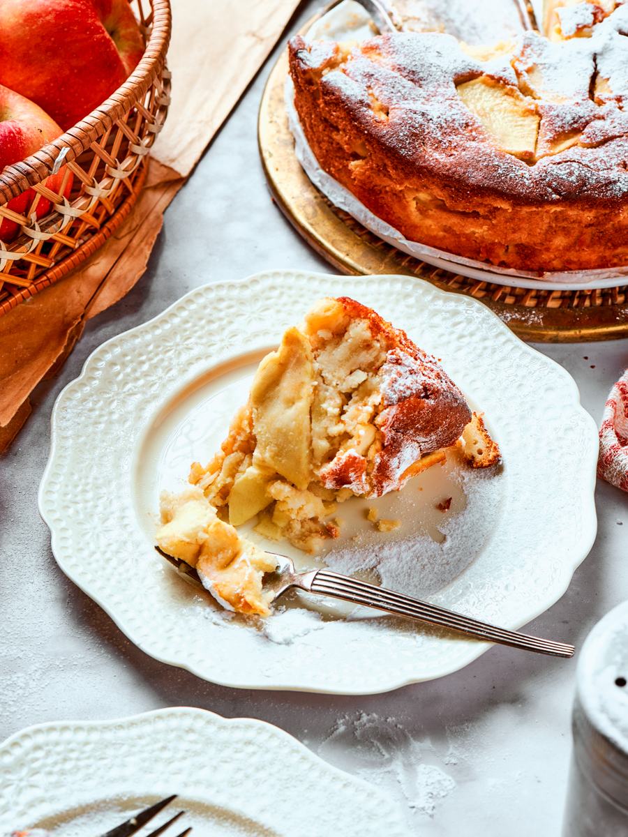 Every angle of this french apple cake shows the same almond-rich, fruit-filled interior worth showing twice.
