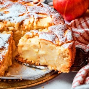 Red apple and golden crumb in one frame sum up the essence of french apple cake.