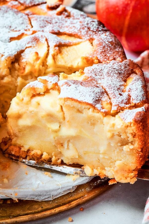 Red apple and golden crumb in one frame sum up the essence of french apple cake.
