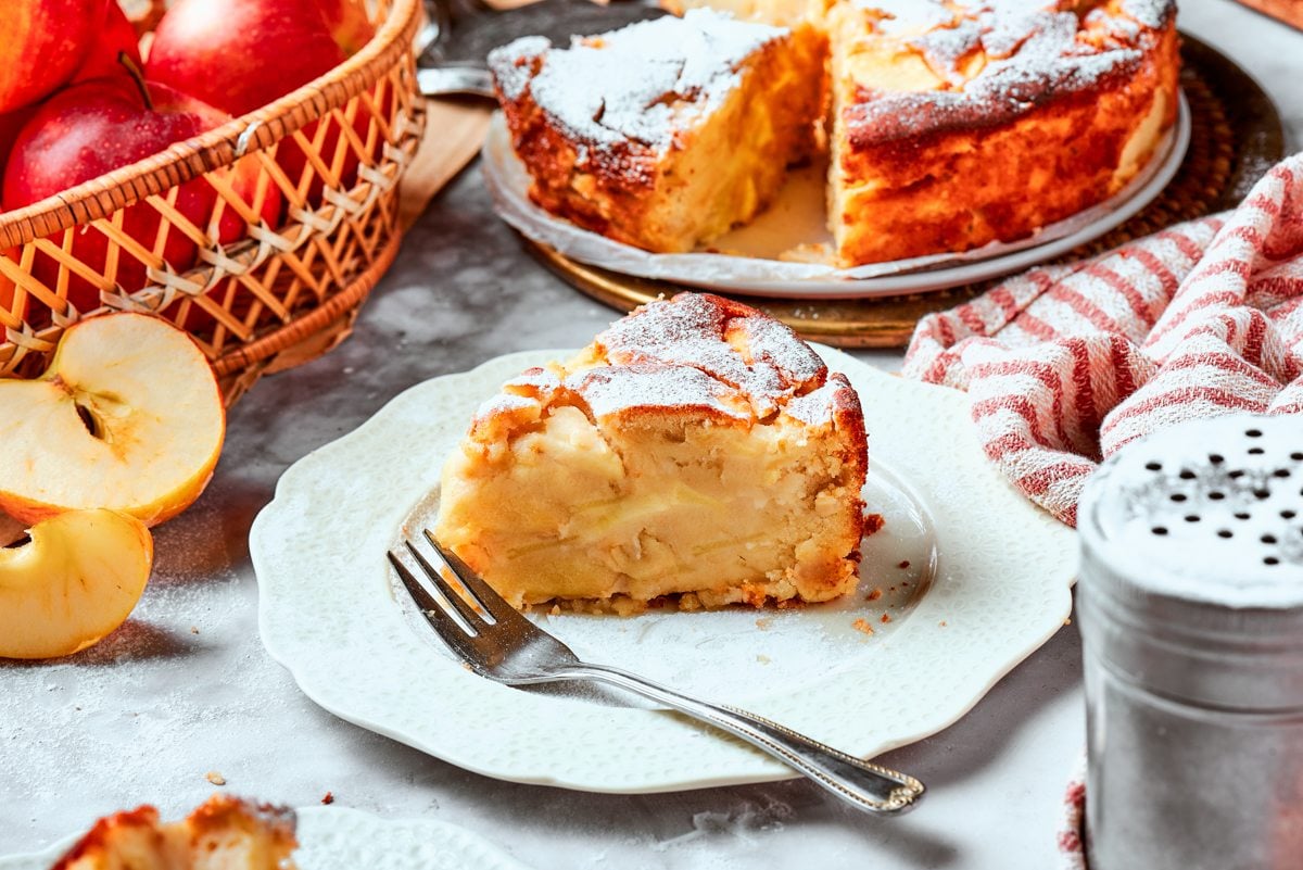 Wide harvest-season framing puts this french apple cake in its full Calvados-country context.