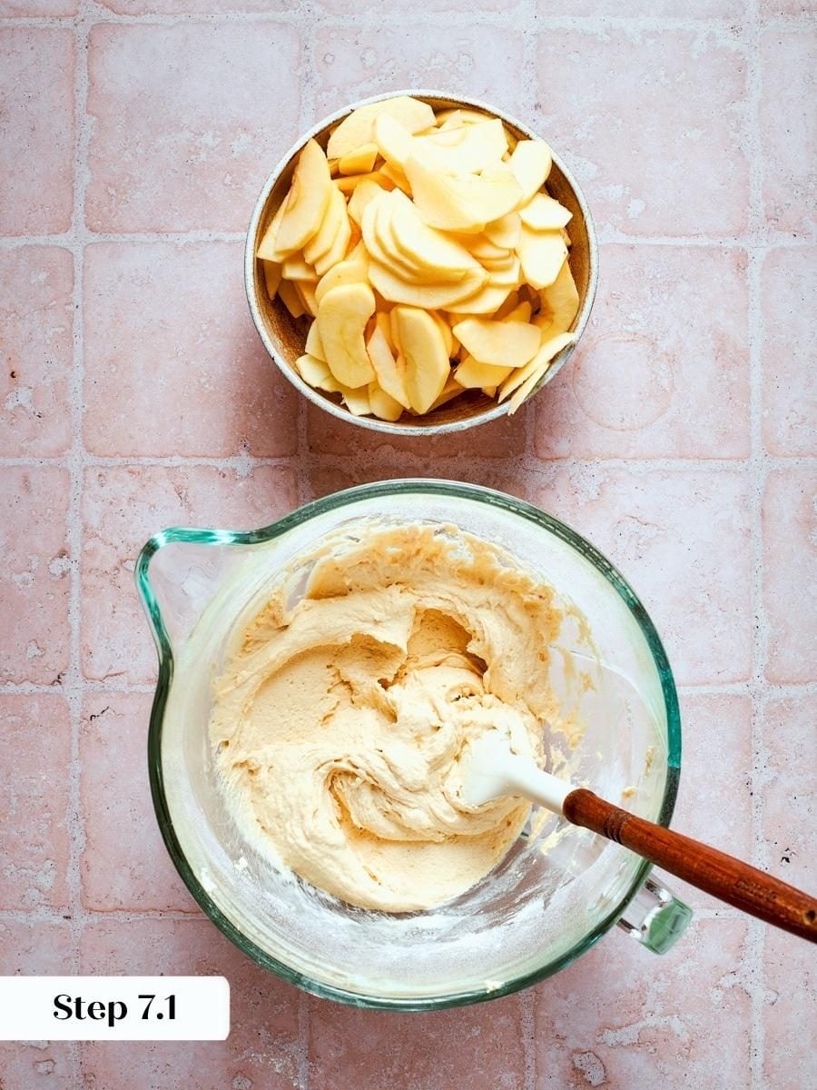 Completed almond cream batter awaits the apple slices that will suspend throughout this french apple cake.