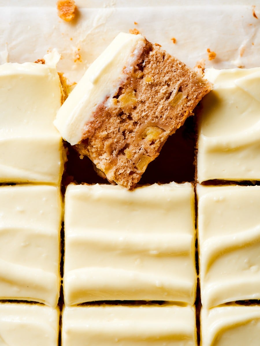 Dicing the apples small means every bite of gingerbread apple cake gets fruit without wet pockets.