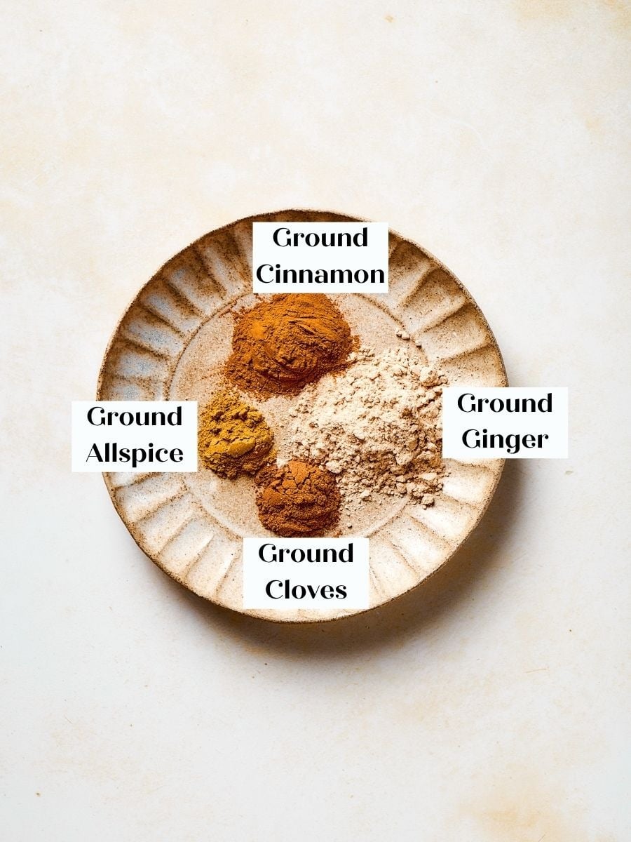 Four ground spices make the homemade gingerbread spice mix used in this gingerbread apple cake.