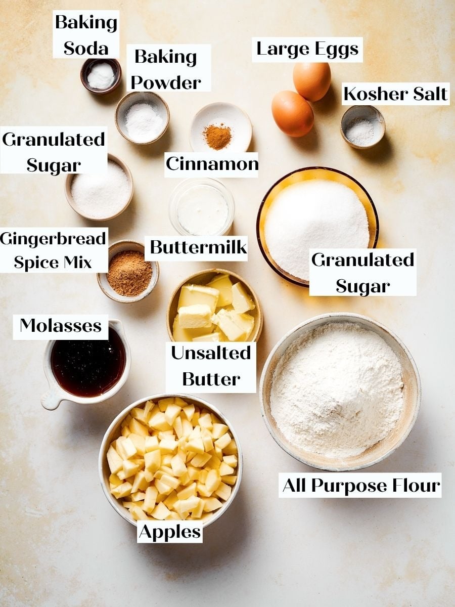 Everything needed for the batter and crisp cinnamon sugar topping of this gingerbread apple cake.