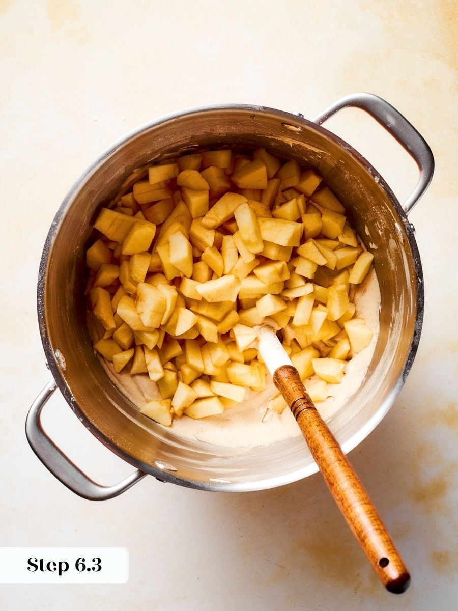 Small apple pieces soften fully and spread evenly through every slice of this gingerbread apple cake.
