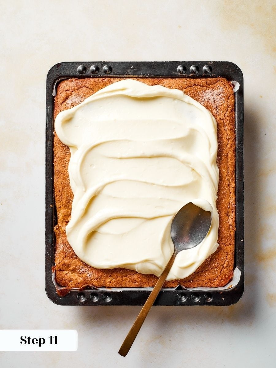 Frost gingerbread apple cake only once fully cooled so the cream cheese frosting holds its swoops.