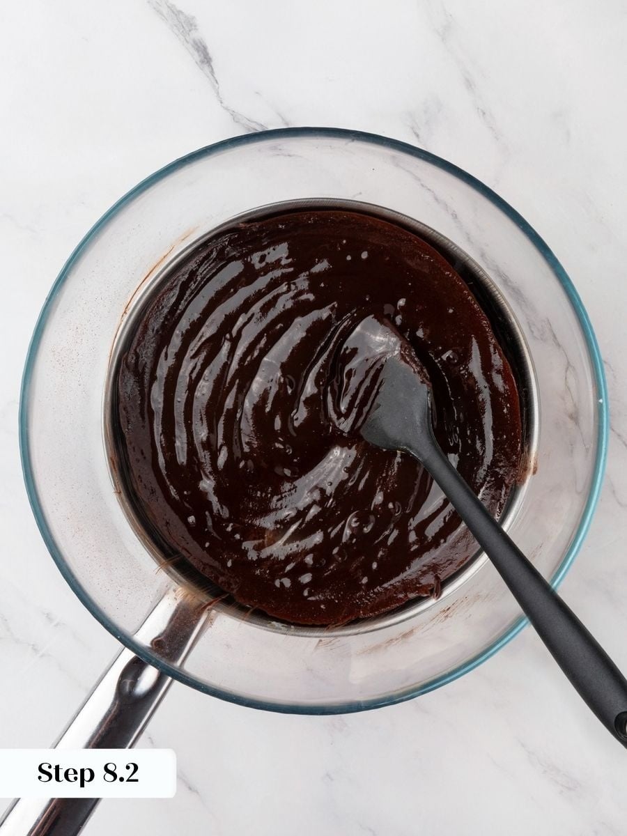 Stirring until no lumps remain gives the snickers pie an even, fudgy chocolate layer.
