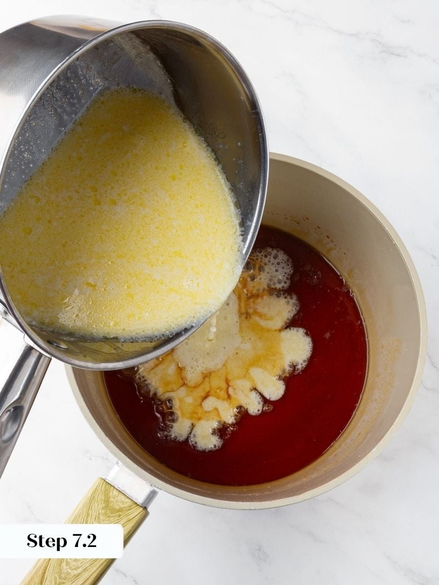 Adding hot cream slowly tames the bubbling and turns the snickers pie caramel into a sauce.