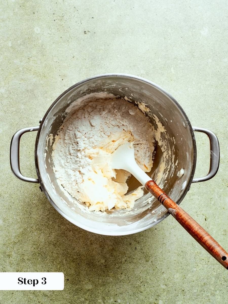 Flour is mixed in just until combined, keeping the caramel apple tart crust tender.