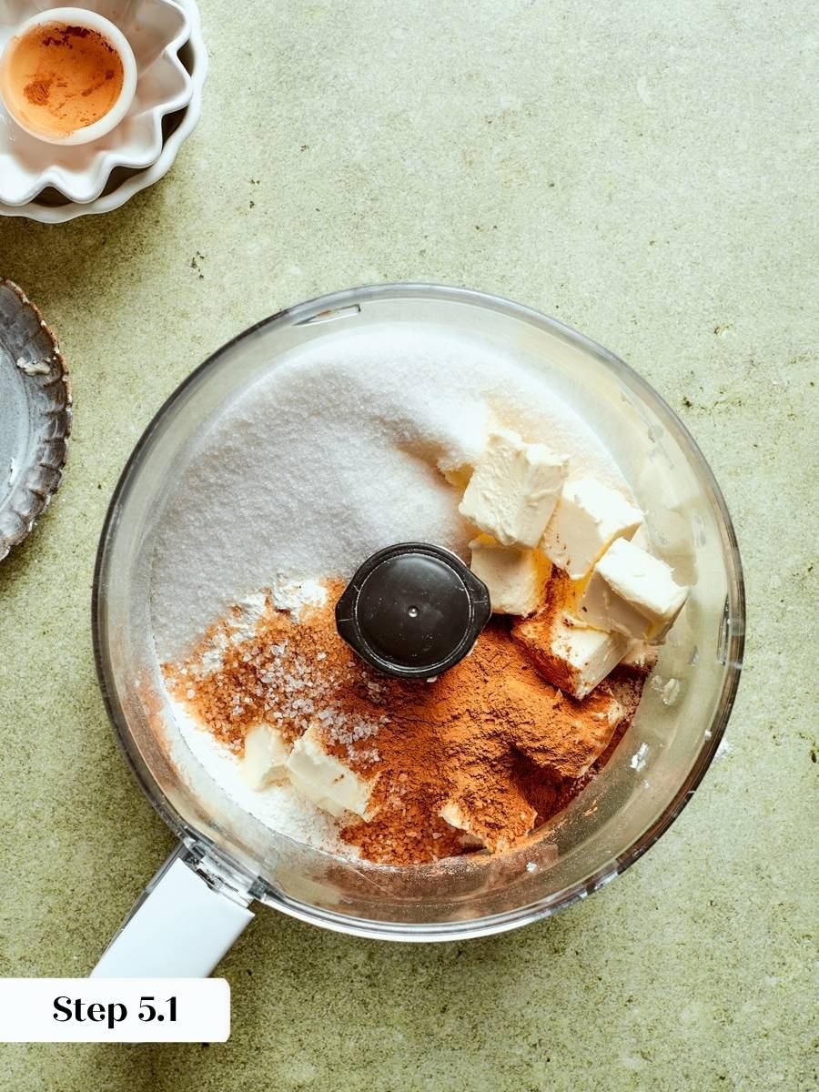Every streusel ingredient goes into one bowl before mixing the caramel apple tart topping.