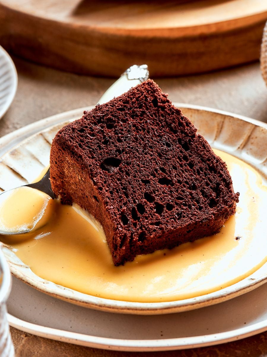 Despite the cocoa, this chocolate angel food cake keeps a tall, airy, open crumb.