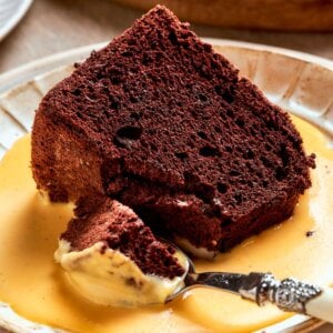 Every spoonful of chocolate angel food cake pairs an airy cocoa crumb with silky vanilla custard.