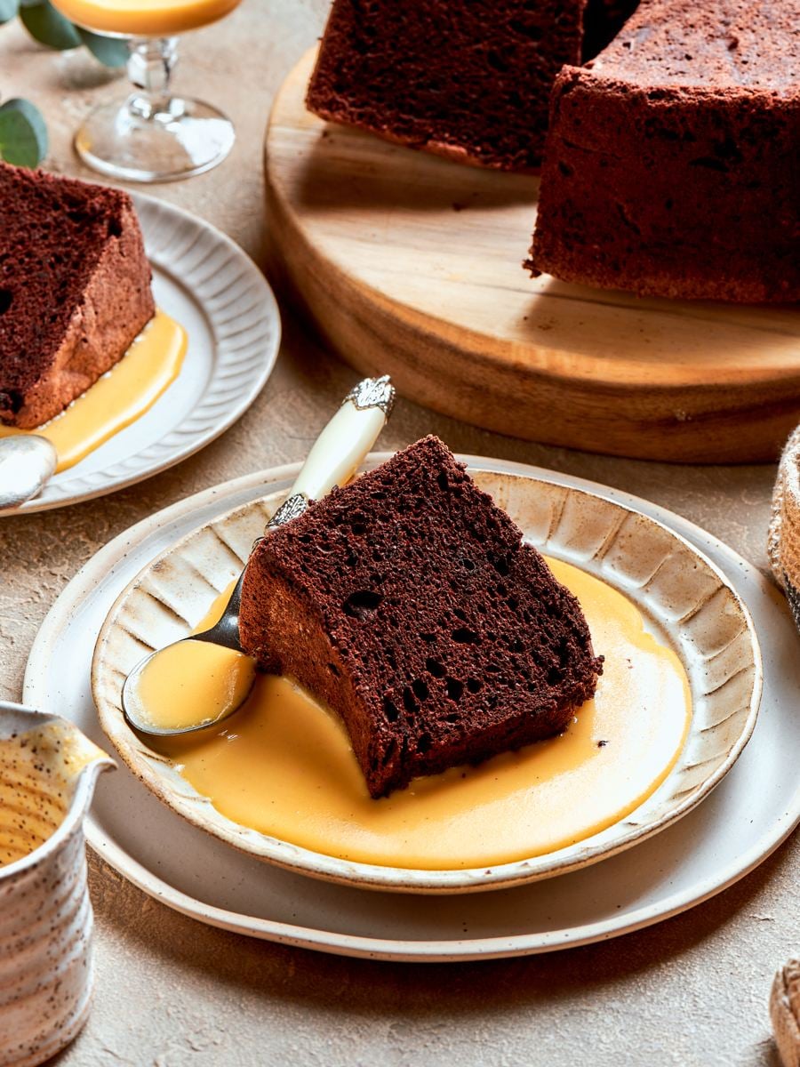 Served with cool vanilla bean crème anglaise, chocolate angel food cake makes an elegant, light dessert.