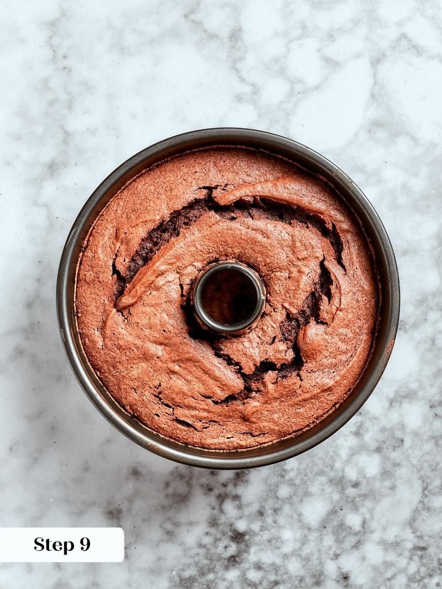 Dry cracks across the top signal this chocolate angel food cake is fully baked.