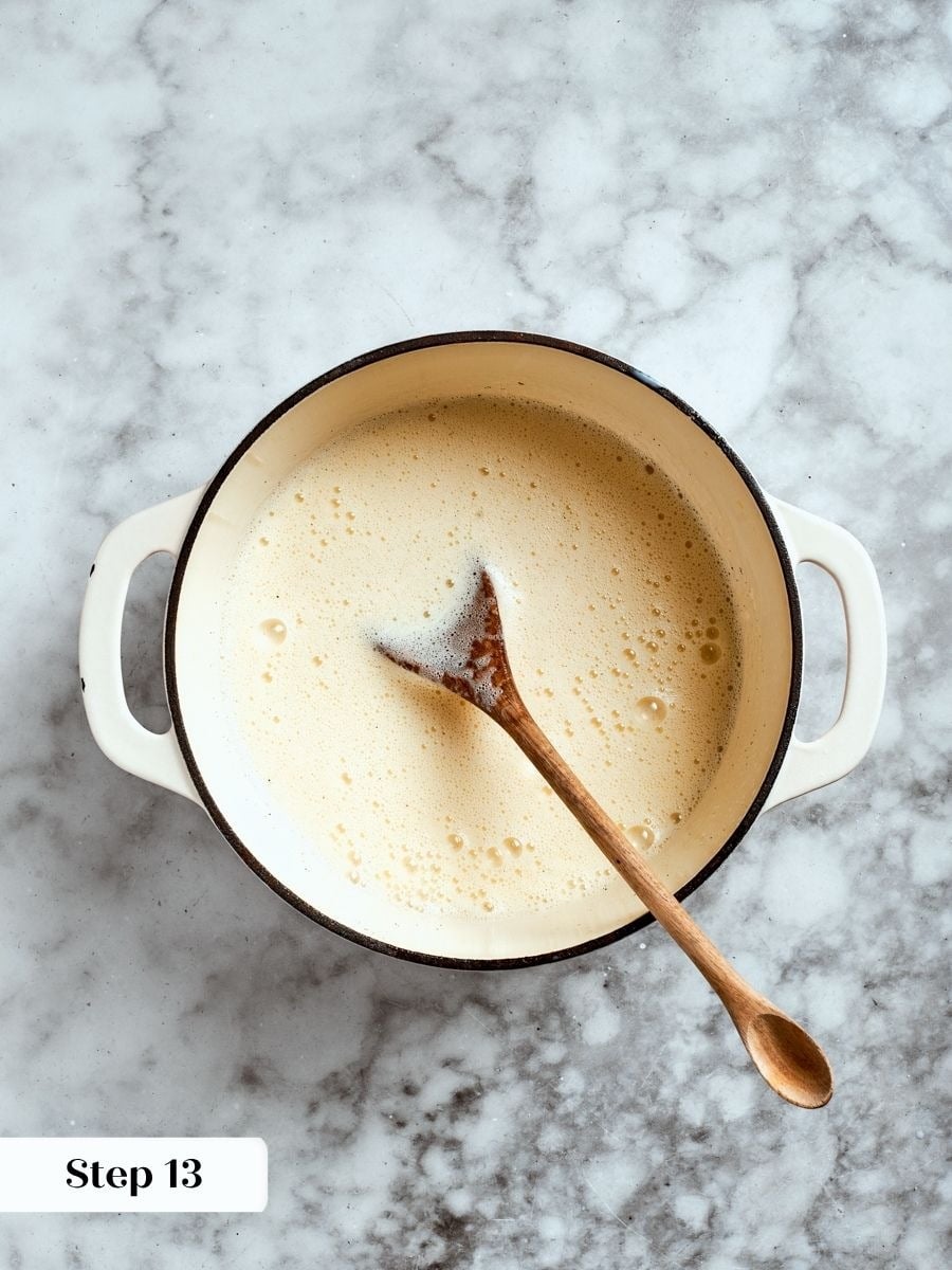 Constant stirring thickens the custard until it coats a spoon for chocolate angel food cake.