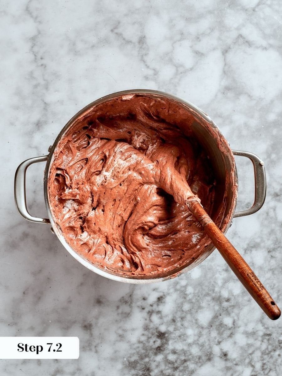 Gentle folding keeps the air in the meringue so the chocolate angel food cake bakes tall.