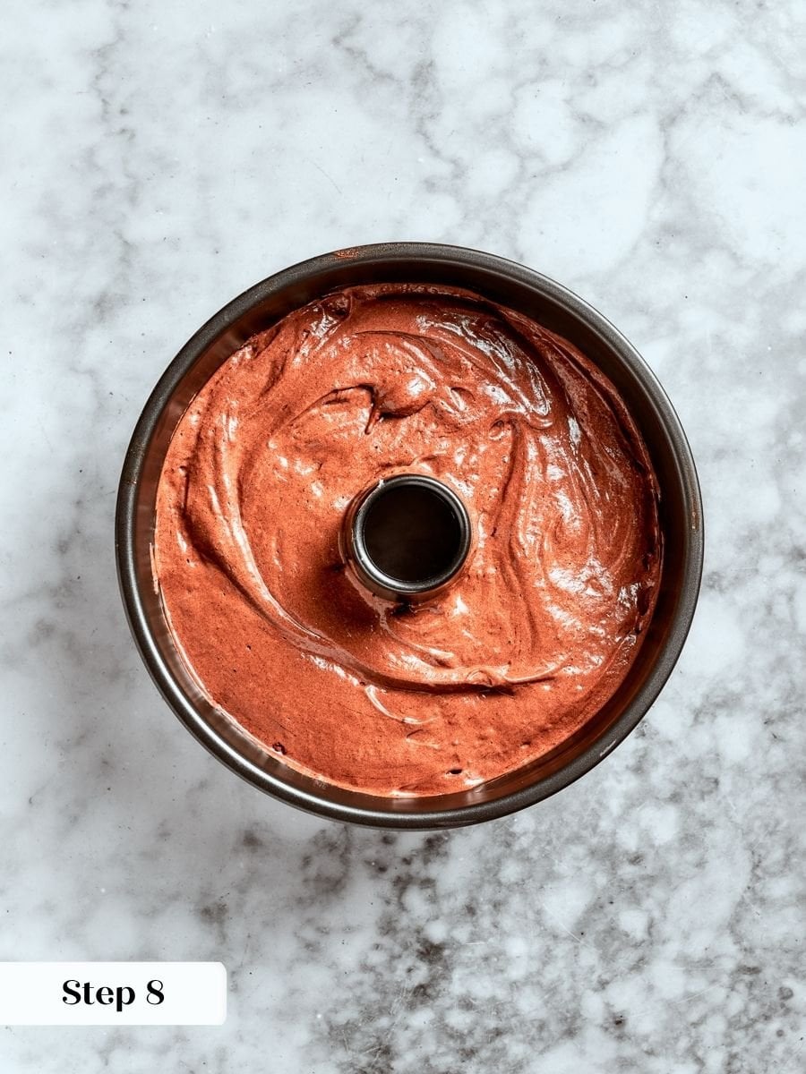 An ungreased pan lets the batter grip and climb as chocolate angel food cake rises.