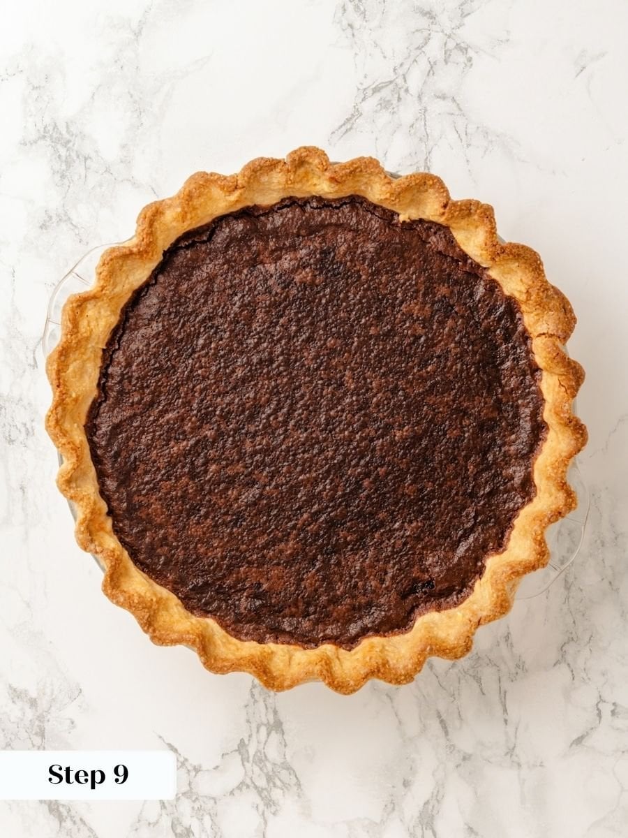 Letting the chocolate chess pie cool for two hours lets the filling firm into clean slices.