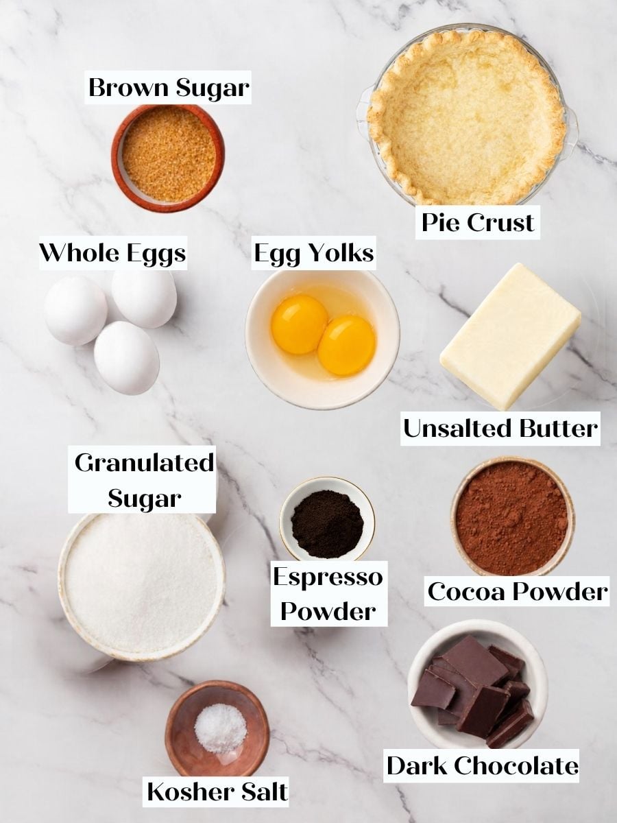 Everything for chocolate fudge pie, from dark chocolate and espresso powder to a par-baked crust.