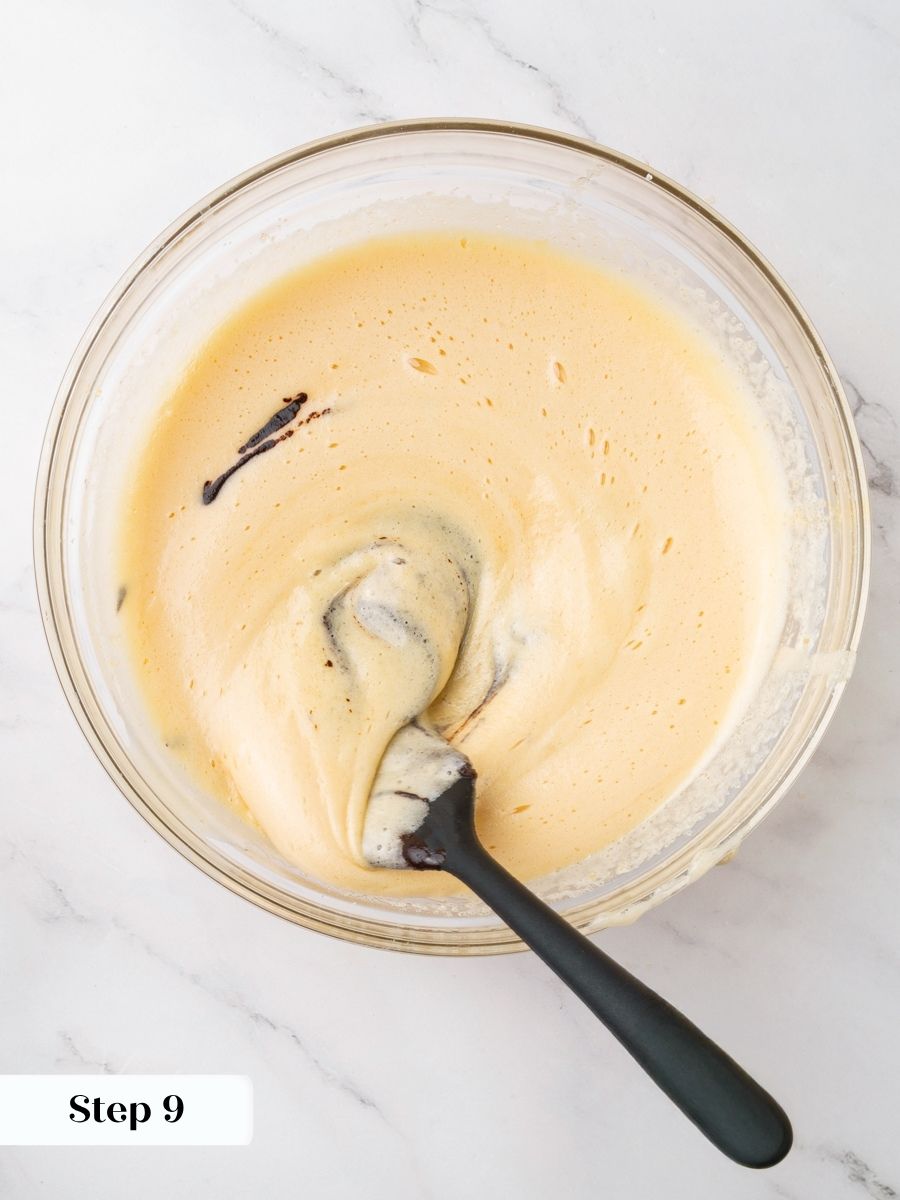 Adding warm chocolate all at once keeps the chocolate fudge pie batter smooth and airy.