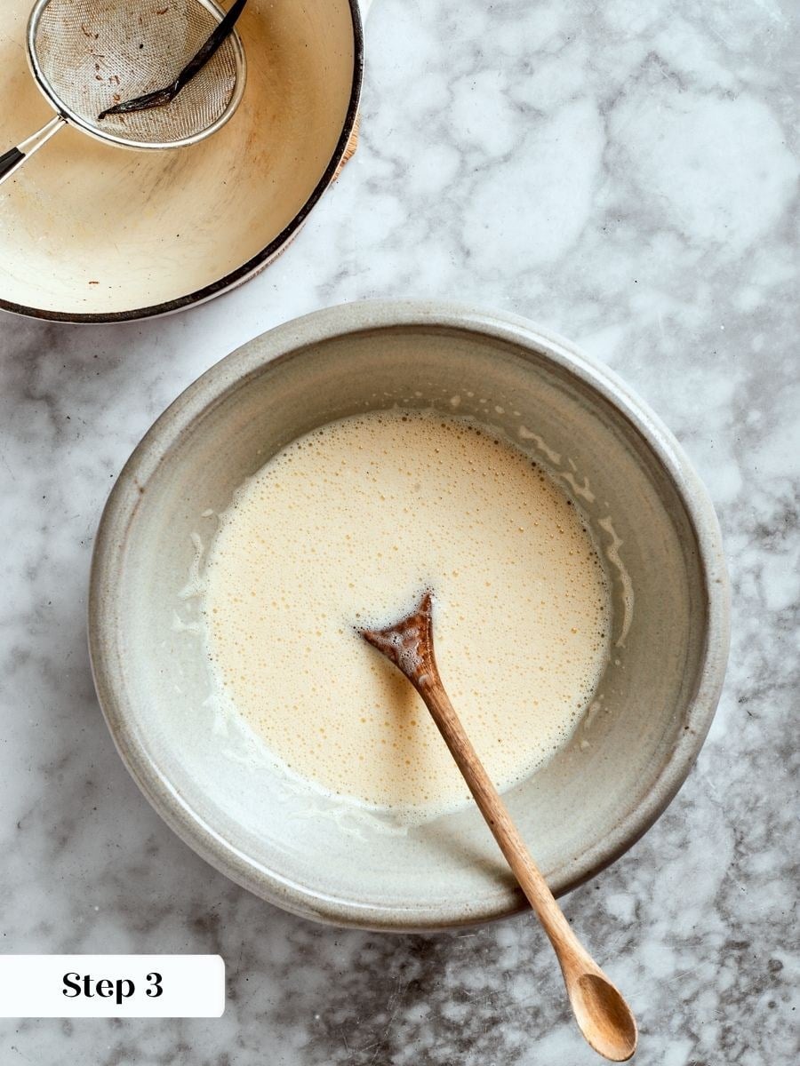 Slowly adding hot cream raises the egg temperature so the crème anglaise stays smooth, not scrambled.